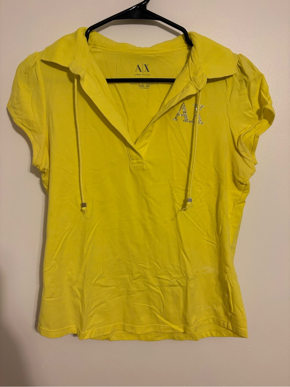 Armani Exchange Women's Bright Yellow Short-Sleeve Polo Tee with Crystal AX